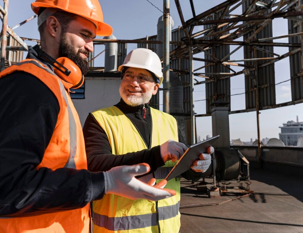trabajadores de la construccion de tiro medio con tableta